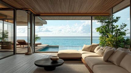 Fototapeta premium Modern coastal living room with ocean view and outdoor pool in luxury vacation home