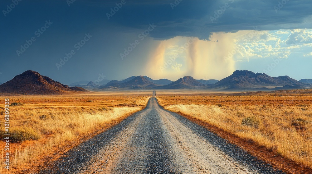 Poster a winding gravel road leads through a sprawling desert under dark, foreboding clouds. the mountains 