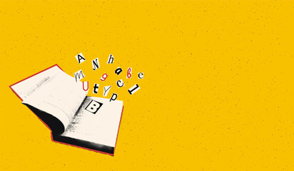 Open book with cut out letters flying out halftone art collage banner template. Vintage dotted texture on bold yellow background. Modern retro vector illustration, sticker for mixed media design