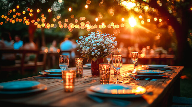 Table de mariage dans le jardin &eacute;clair&eacute; par des guirlandes lumineuses