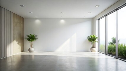 Fototapeta premium Sunlit Minimalist Interior Design with Greenery and Expansive Window View
