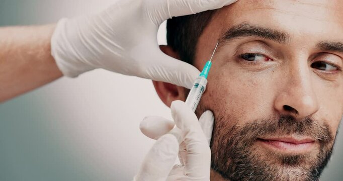 Hands, beautician and patient with face injection in studio for skincare, wrinkles and collagen. Cosmetic, needle and plastic surgeon with man for facial transformation with filler by gray background