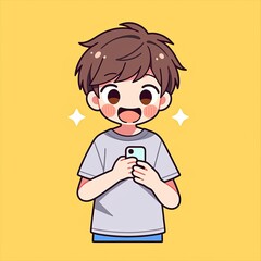 Boy Looking at Phone, Cheerful