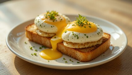 Toast Topped Sunny-side-up Egg on White Plate, Dripping with Yolk and Topped with Herbs.