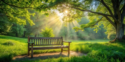 Serene Sunrise A Wooden Bench Beckons in a Sun-Drenched Meadow, Under the Canopy of a Majestic Tree, Offering a Moment of Tranquility and Peaceful Reflection in Nature's Embrace.