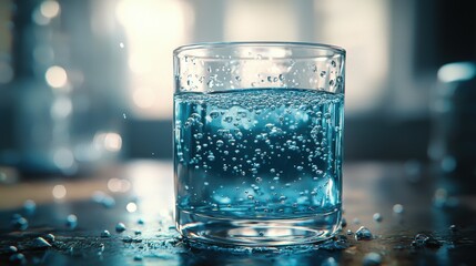 Close-Up of Transparent Cyan Liquid in Laboratory Flask with Bubbling Effect and Soft Background Light