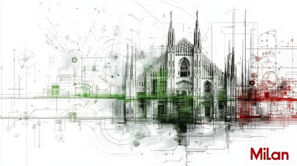 Fototapeta premium Stylish modern designed skyline silhouette of the city of Milan , with attractions and famous places, in the colors of the national flag. Tourism concept.