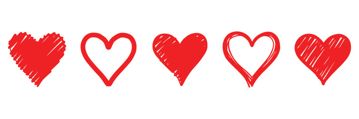 Set of five red hearts vector icon set isolated. Heart icons. Red hearts symbol, love sign, heartbeat silhouette, heart pictograms isolated set. Vector illustration.