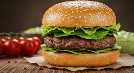 "A close-up of a gourmet burger on a wooden surface. The burger consists of a toasted brioche bun with sesame seeds, a juicy grilled beef patty, and fresh green lettuce. The top bun is slightly lifted