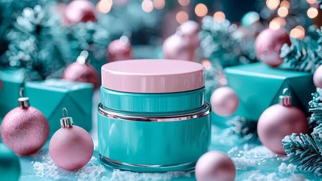 Festive beauty jar display with pink ornaments and green gift boxes on snowy background