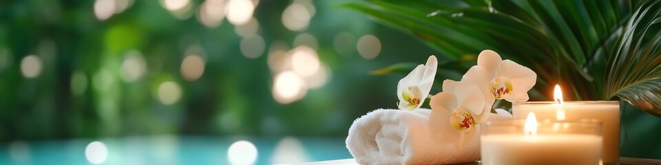 Spa Scene with Candles Orchids and Towel