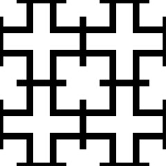 Geometric pattern consists of interconnected black lines on isolated background. Intricate design features abstract shapes, creating visually engaging and complex composition.