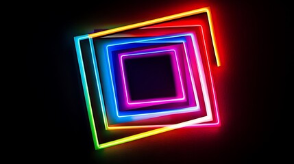 Abstract vibrant neon squares spiral design on black background.