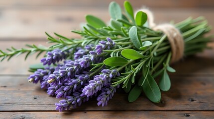 A rustic bundle of lavender and rosemary, tied with twine, rests on a weathered wooden surface, exuding natural