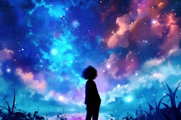 Obraz premium Silhouette of Person Against Dazzling Cosmic Sky Filled with Stars and Colorful Clouds in Dreamy Night Scene Captured in Vibrant Hues