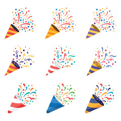 Obraz premium Confetti Party Popper icon vector, set logo illustration isolated on white.