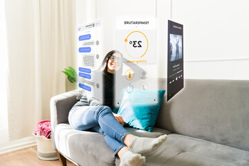 Woman controlling smart home features through augmented reality glasses, managing temperature,...