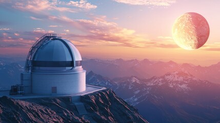 Observatory on a Mountain Peak under a Giant Moon