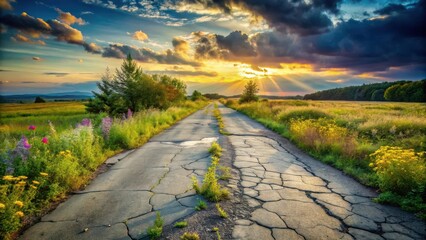 Fototapeta premium Sunlit Country Road with Wildflowers and Cracked Asphalt at Sunset