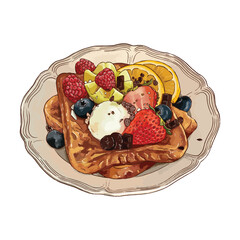 Vector of French toast with vanilla ice cream and fruits