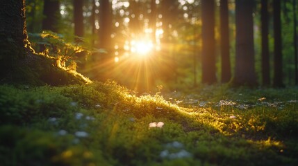 Obraz premium Sunlit Forest: A tranquil forest scene with sunbeams shining through the trees, illuminating the lush forest floor with vibrant green moss and wildflowers.