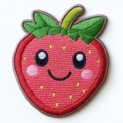 Obraz premium Embroidered strawberry patch with face on white. Use for kids' designs, food themes, cute crafts, and playful fashion.
