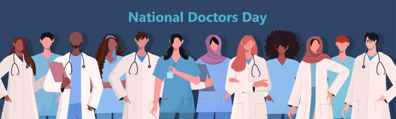 Doctors celebrating National Doctors Day. Group of professional therapist and hospital staff in uniforms standing together, symbolizing unity and professionalism in healthcare.Vector Not AI generated