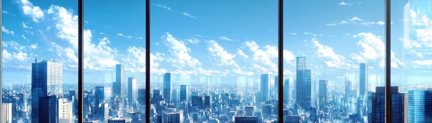 Expansive City Skyline View from Modern High-Rise Building with Clear Blue Sky and Bright Clouds during Daytime
