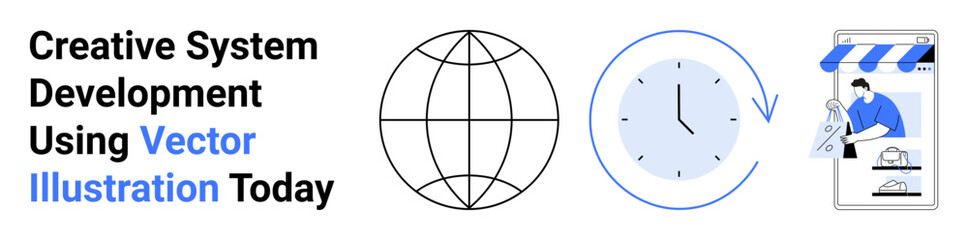 Globe symbolizing worldwide access, clock for time management, and online storefront for digital commerce. Ideal for e-commerce, global business, time management, technology, startup strategy