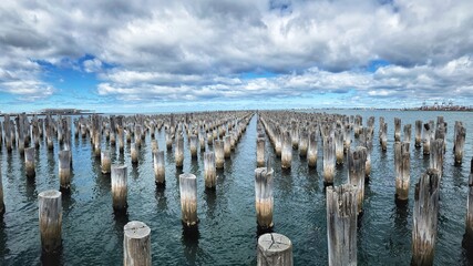 Seascape with wooden pillars.