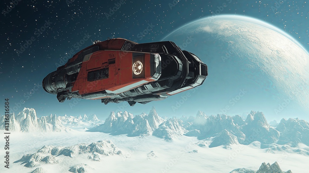 Poster A futuristic spaceship hovering over a distant planet's surface.