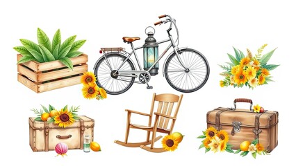 Fototapeta premium Summer Sunflowers Bicycle Wooden Crate Vintage Suitcases