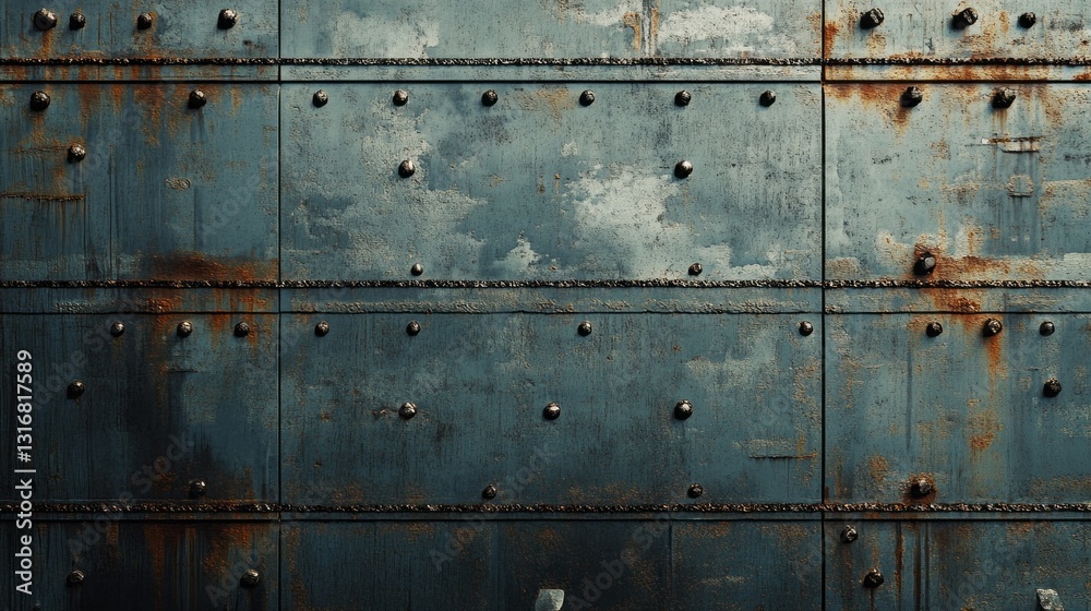 Poster a close view of aged metal panels covered in rust and rivets reveals a rich interplay of texture and