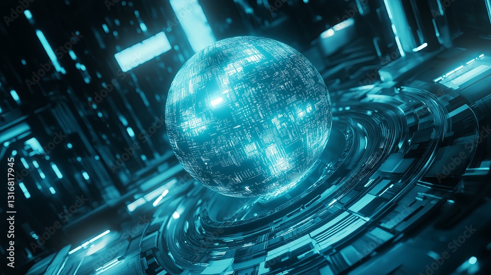 Poster a futuristic glowing sphere surrounded by metallic elements.