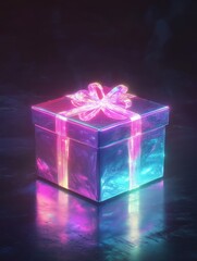 Luminous gift box radiating vibrant colors in a dark ambient scene