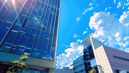 Modern Urban Landscape with High-Rise Buildings Under Bright Blue Sky and Fluffy Clouds in a Vibrant City Setting