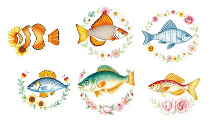 Colorful Fish with Floral Wreaths Watercolor Illustration