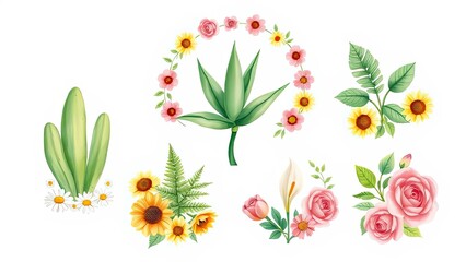Watercolor Floral Elements Sunflowers Roses Cactus Fern