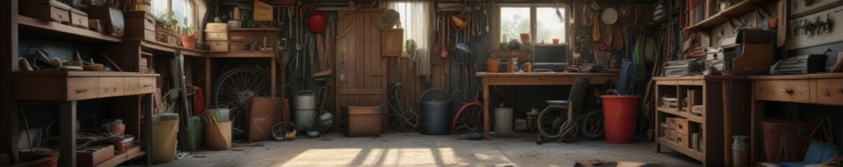 A cluttered garage with old furniture stacked on top of each other, disorganized space, cluttered furniture
