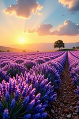 Fototapeta premium Golden sunlight bathes endless lavender, creating breathtaking panorama, sky, meadow