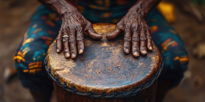 Hands playing a drum.Dominican tambora drum, the worn leather stretched tight, a musician&rsquo;s hands mid-beat. Use for music blogs, cultural themes, percussion instruments, rhythm concepts, hands-on acti