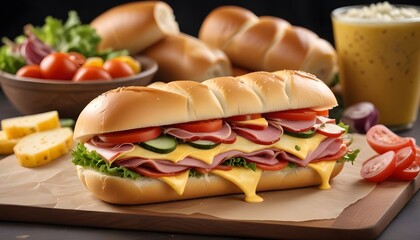 Tasty sub sandwich with layers of savory deli meats, cheese, and colorful veggies
