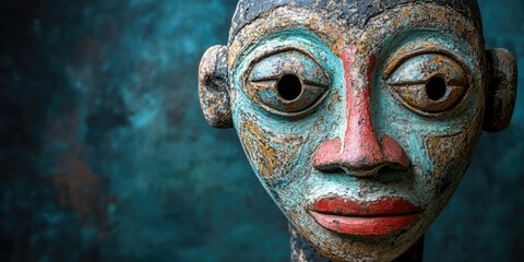Colorful African mask close-up. Hand-painted Haitian voodoo mask. Use for cultural art blogs, travel themes, ethnic designs, decorative art, historical artifacts.