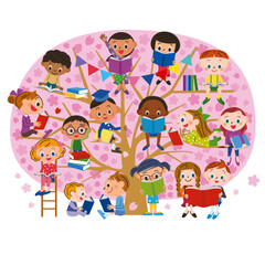 大きな桜の木に子供達が本を読んでいるイラスト
