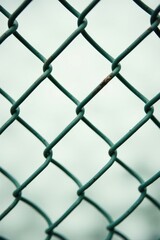 Fototapeta premium Close-up view of a weathered teal chain link fence against a muted sky