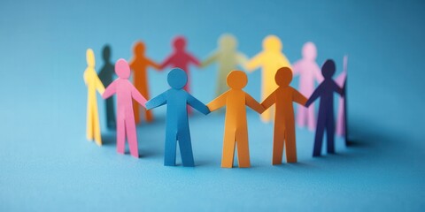 Diverse group unity and mutual support. Colorful paper figures holding hands in a circle on a blue background, symbolizing unity and community.