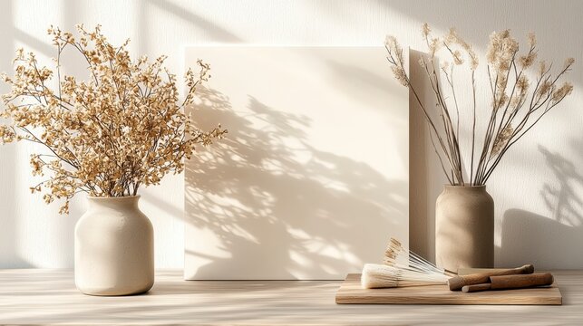 Creative hands skillfully arranging dried flowers in a vase to create an inspiring mood board for decoration and design - Powered by Adobe