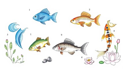 Fototapeta premium Colorful Fish Illustrations Koi Carp Aquatic Life Nature Art