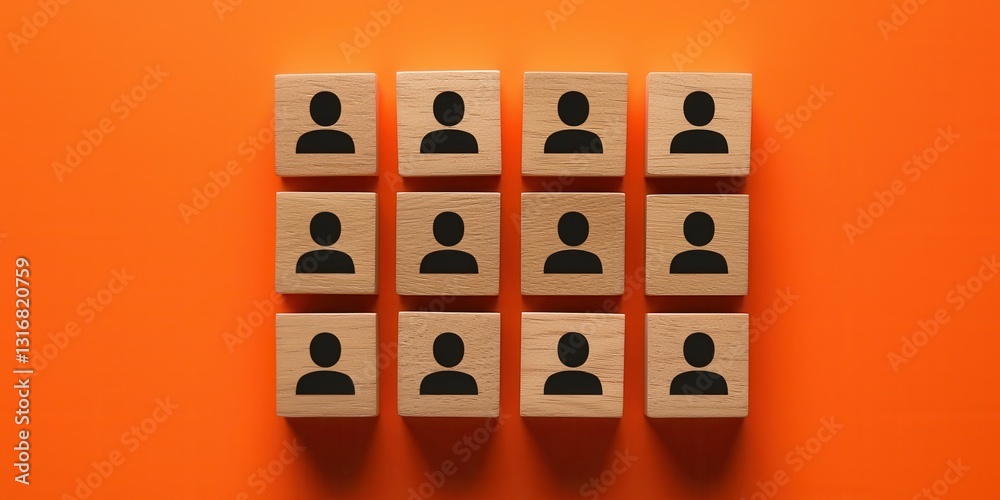 Poster diverse group unity and mutual support. blocks with user icons arranged on a vibrant orange backgrou