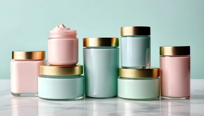 Soft Pastel Skincare Jars and Bottles with Gold Accents